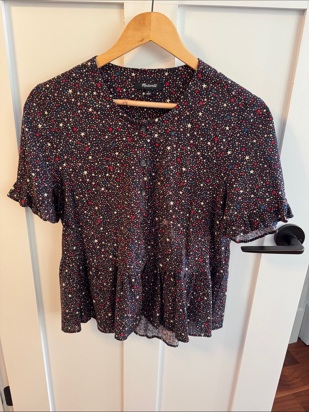Madewell Black Star-Print Short Sleeve Peplum Blouse
